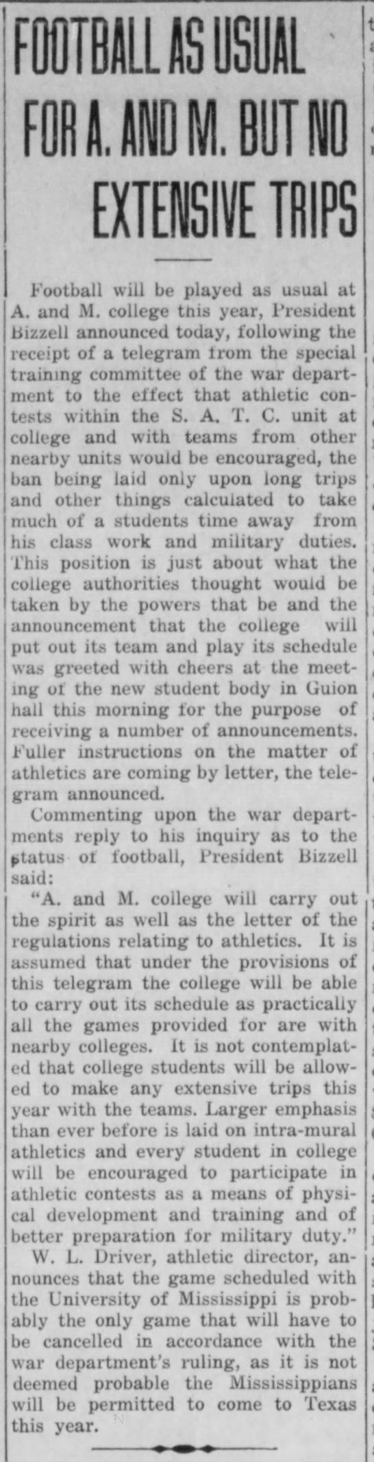 A&M football schedule The Eagle Wed. Sept 18, 1918.jfif